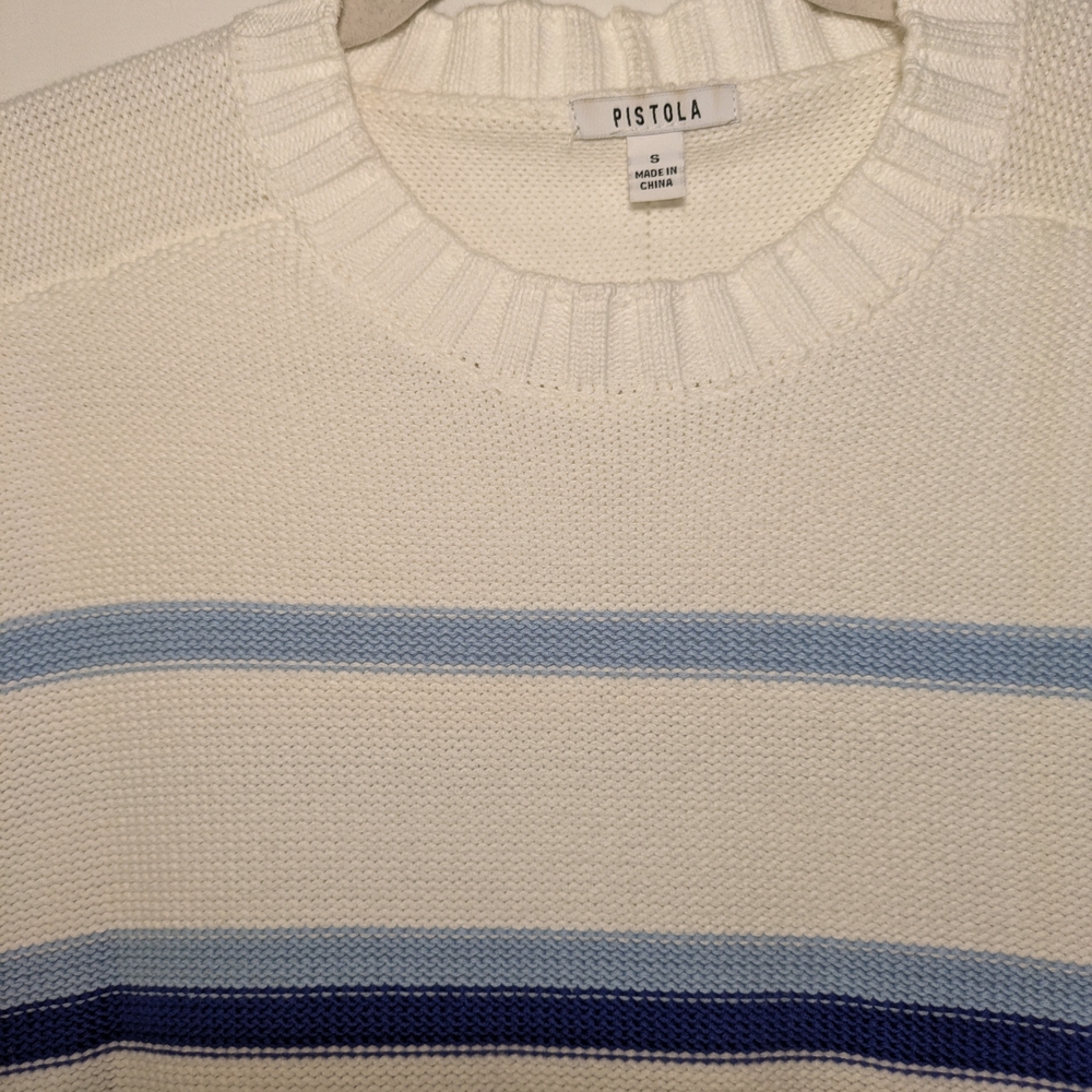 Pistola Adina Blue/White Waffle Knit Crew Neck Sweater - Picture 2 of 9